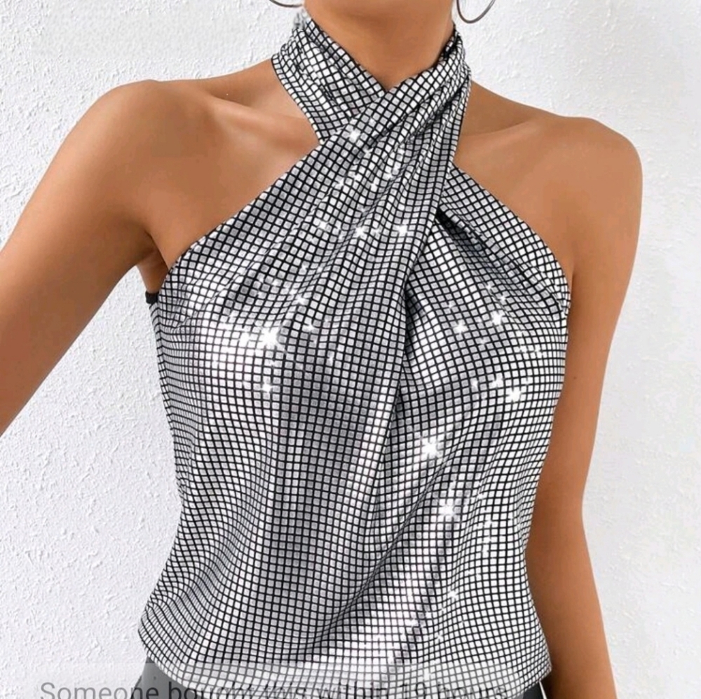 Silver Metallic Sleeveless Halter Top.